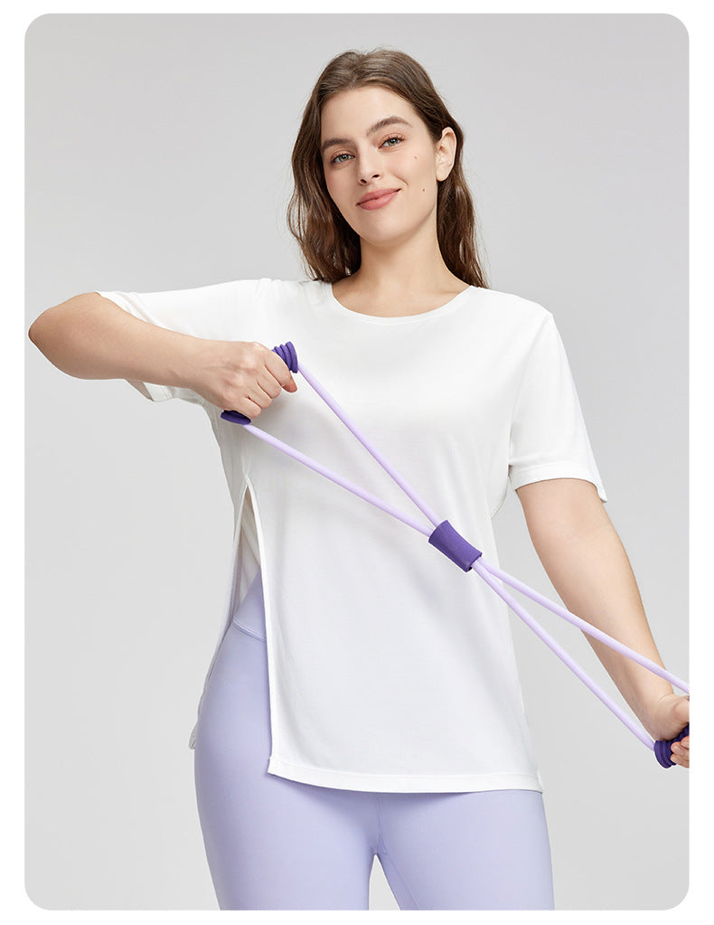 Plus Size Yoga Clothes Blouse Women Summer Loose Breathable Thigh Length Casual T shirt Side Slit Exercise Short Sleeve
