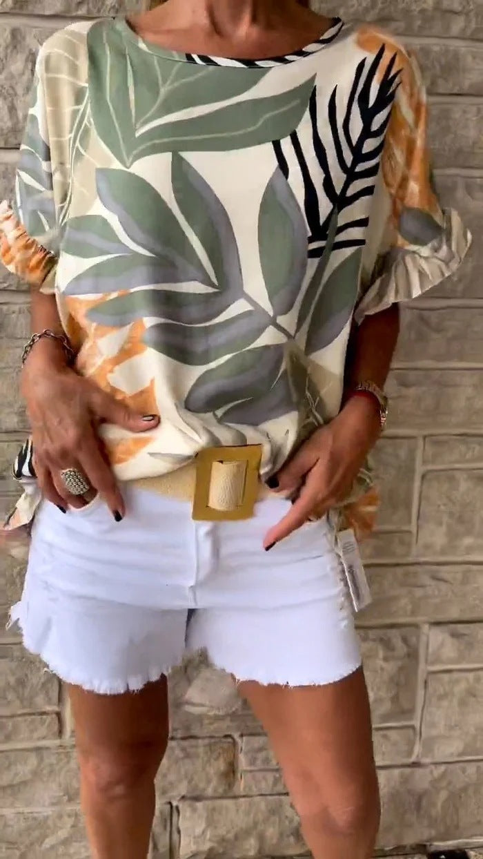Short Sleeved T shirt Summer Leaf Printed Ruffle Sleeve Short Sleeved T shirt