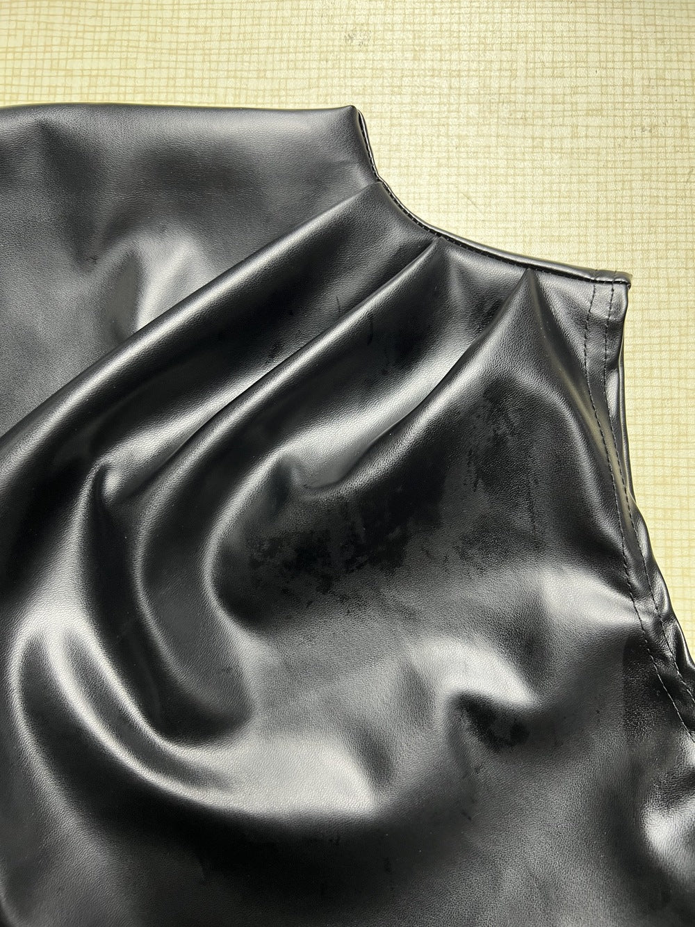 Women Clothing Autumn Winter Stand Collar Sleeveless Pleated Waist Tight Sheath Dress Irregular Asymmetric Faux Leather