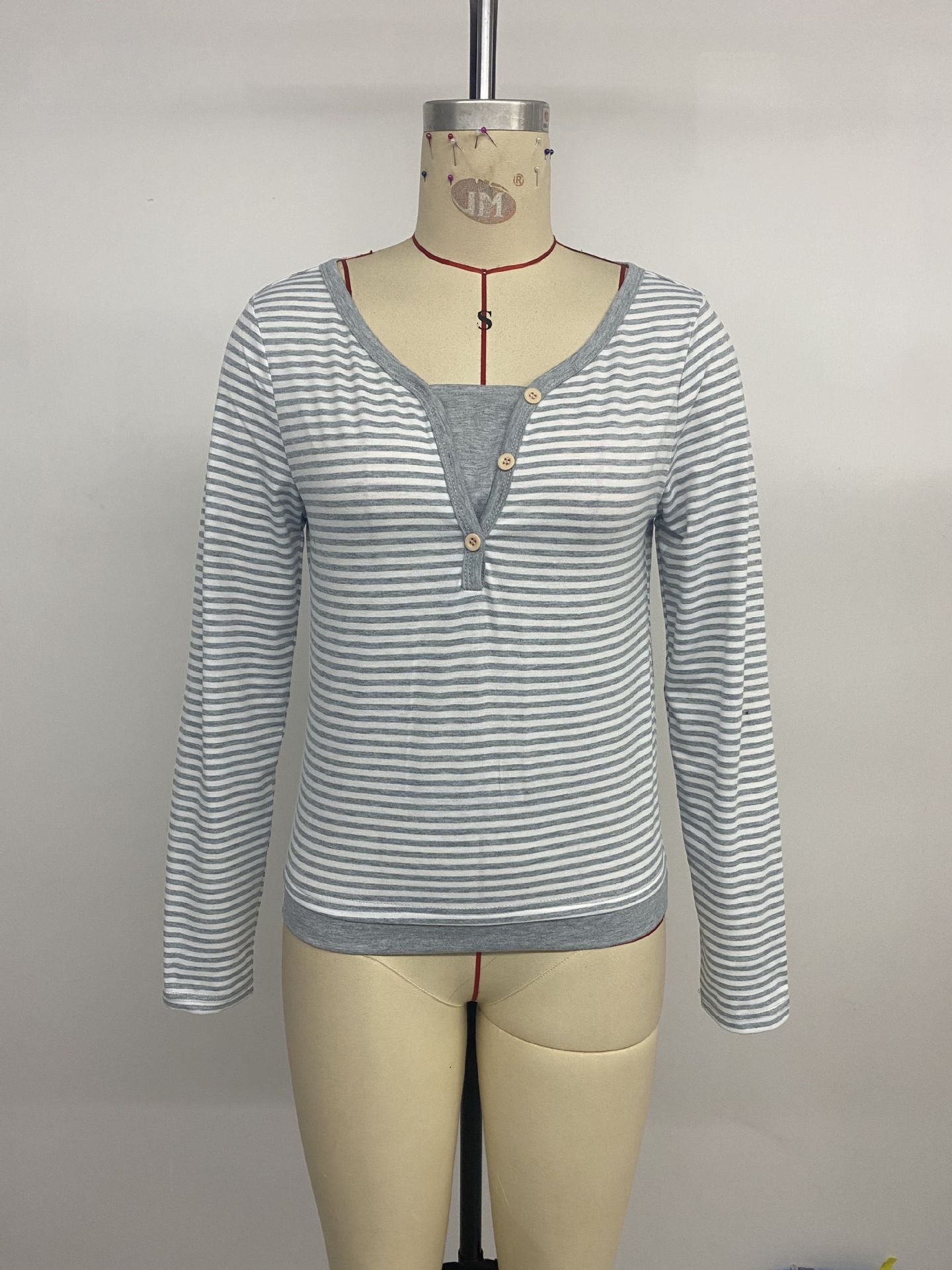 Autumn Casual Simple Top Long Sleeve Faux Two Piece Small V neck Striped T shirt Women