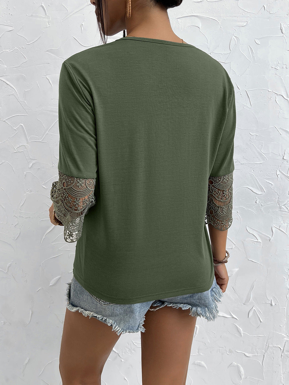 Women Clothing Cutout Lace Stitching Half Sleeve Sexy V neck T shirt Women