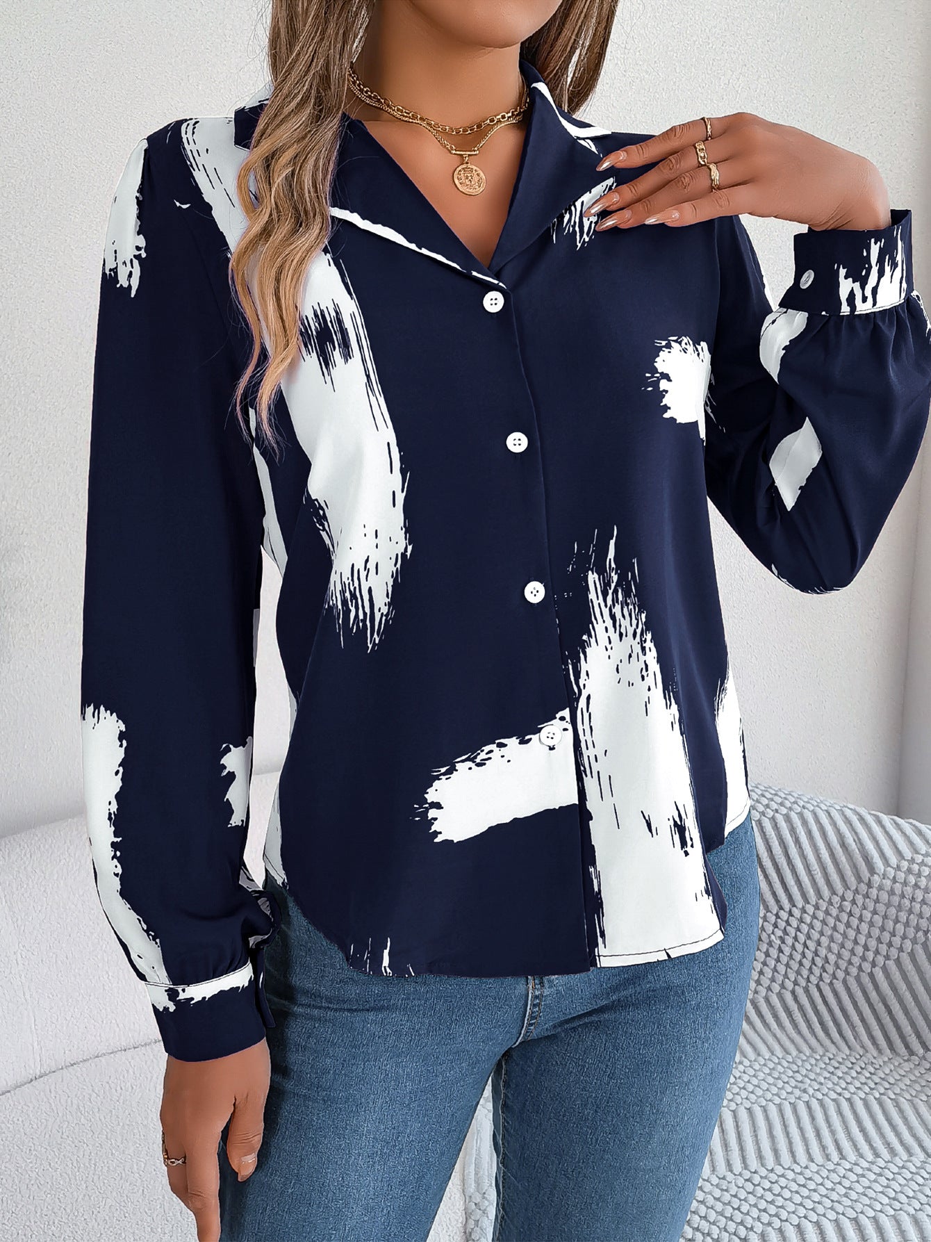 Autumn Winter Contrast Color Striped Collar Long Sleeve Shirt Women Clothing