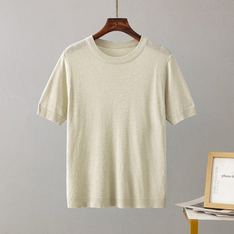 Women Clothing Summer Bright Silk Slim Fit Slimming Short Sleeved Sweater Pullover Top T shirt Bottoming Shirt