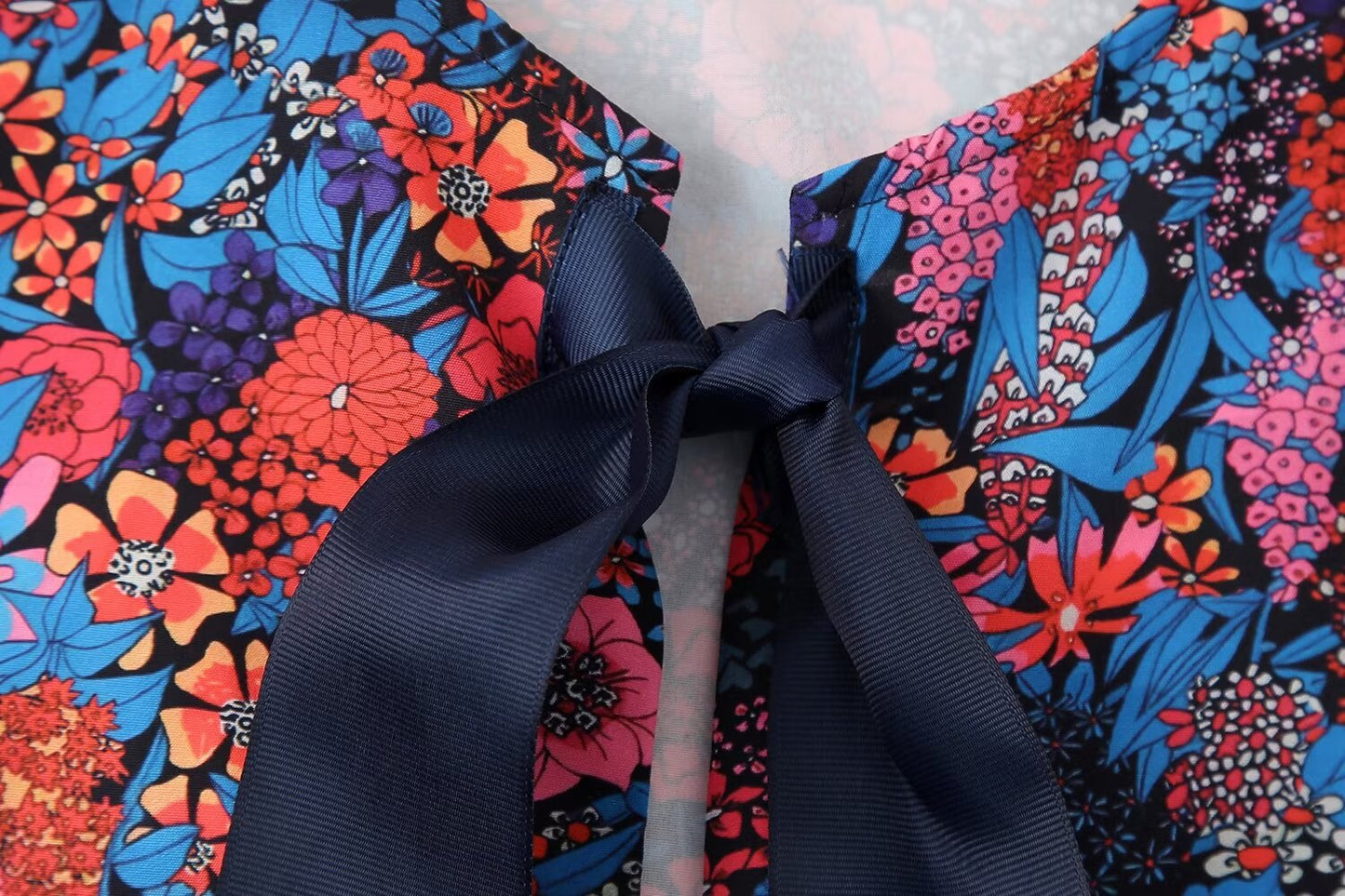 Women Clothing Pastoral Sets Bow Tie Shoulder Floral Puff Sleeve Top Trousers