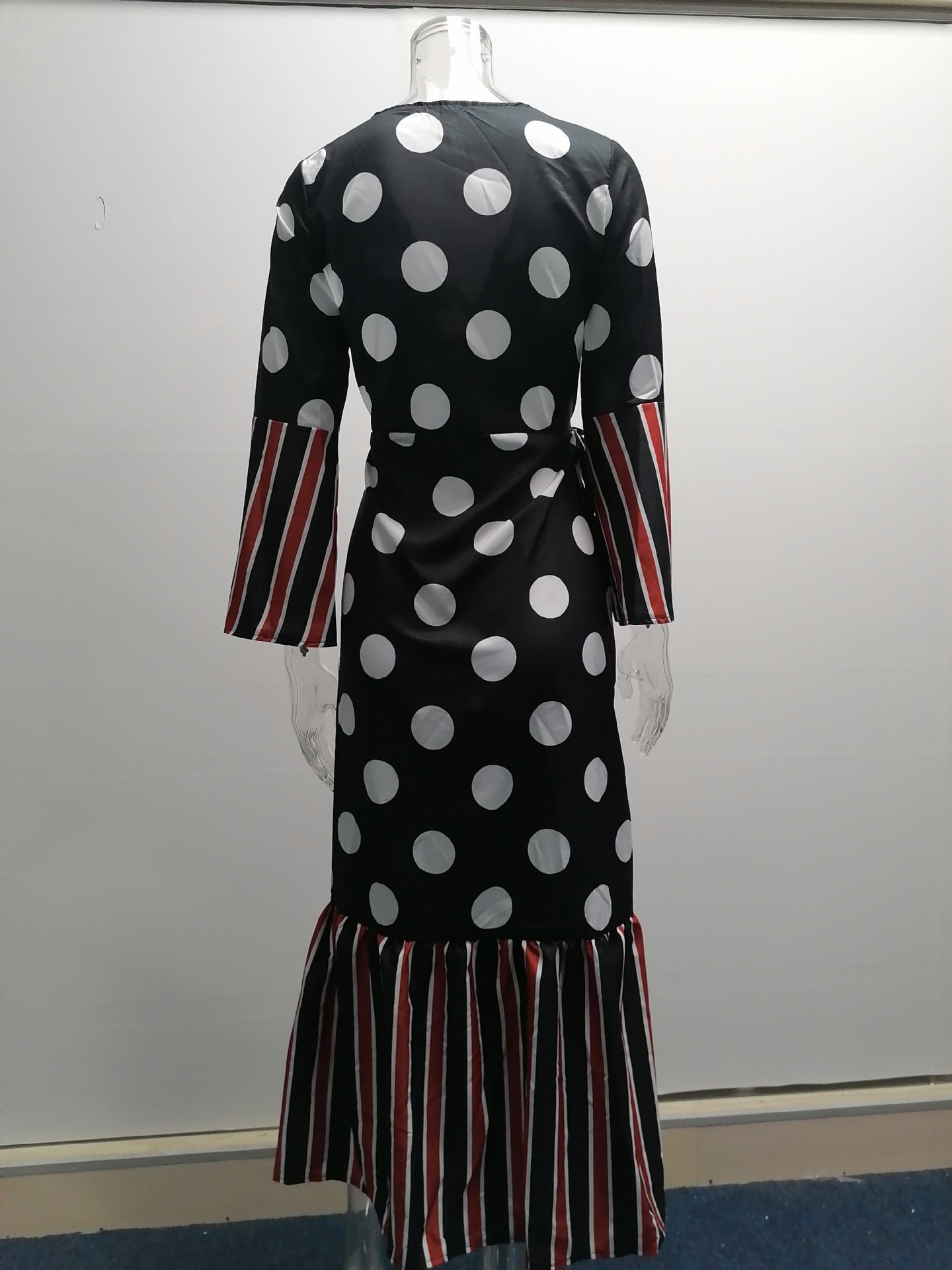 Autumn Winter Long Sleeve Tied V-neck Printed Dress Women Clothing Plus Size
