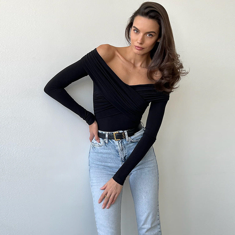 Women Clothing Popular Sexy off the Shoulder Long Sleeve Cross Pleated Slim High Waist Cold Shoulder Elegant Jumpsuit