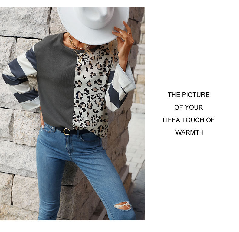 Autumn Winter Women Stitching Long-Sleeved Striped Sweater
