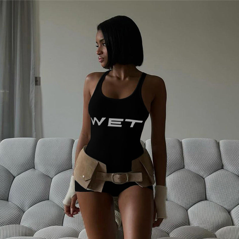 Women Summer Sexy Backless Solid Color Sling Sports Tight Jumpsuit