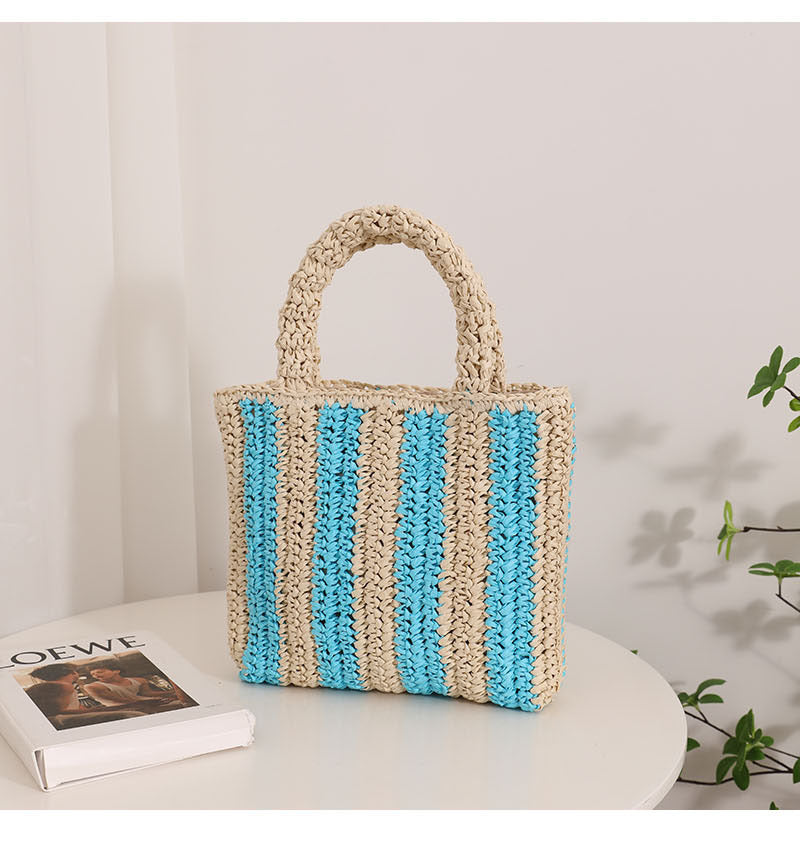 Vertical Stripes French Straw Bag Portable Contrast Color Straw Bag Woven Bag Women's Bag Seaside Vacation Beach Bag