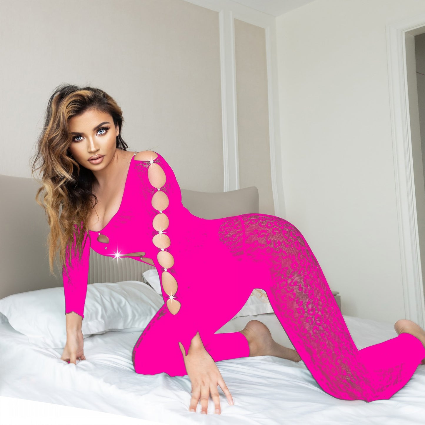 Sexy One Piece Rhinestone Leopard Print Fishnet Clothes Sexy Highlight Figure Long Sleeve Romper