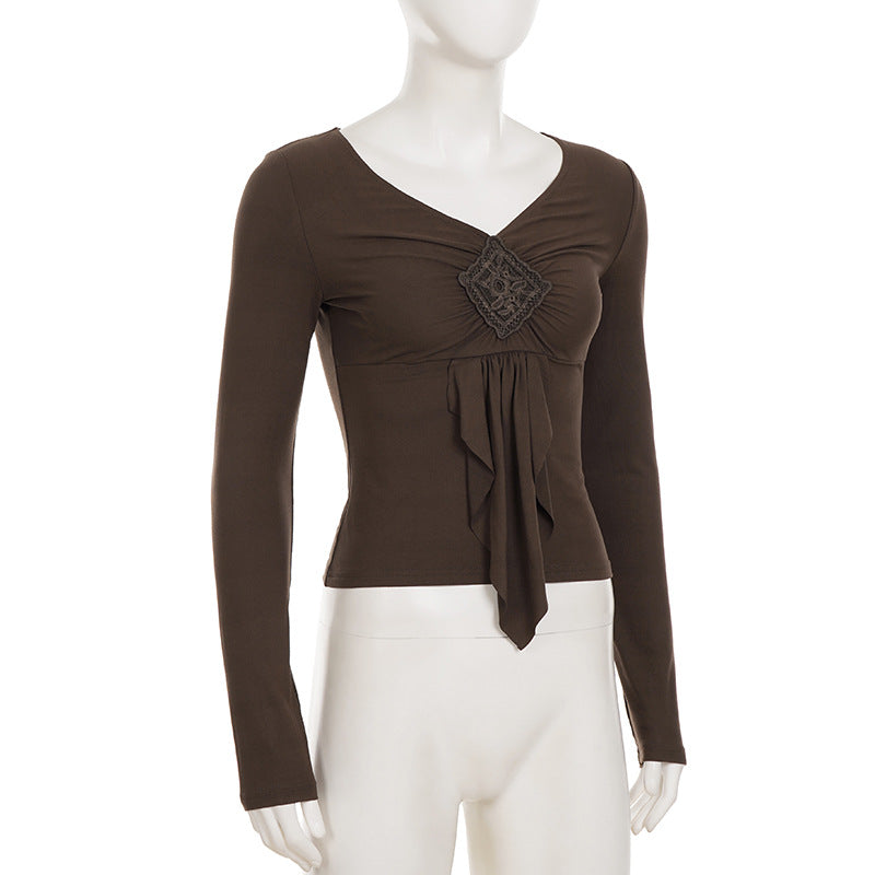 Retro Solid Color V neck Design Long Sleeve T shirt Women Irregular Asymmetric Pleated Slim Fit Slimming Top
