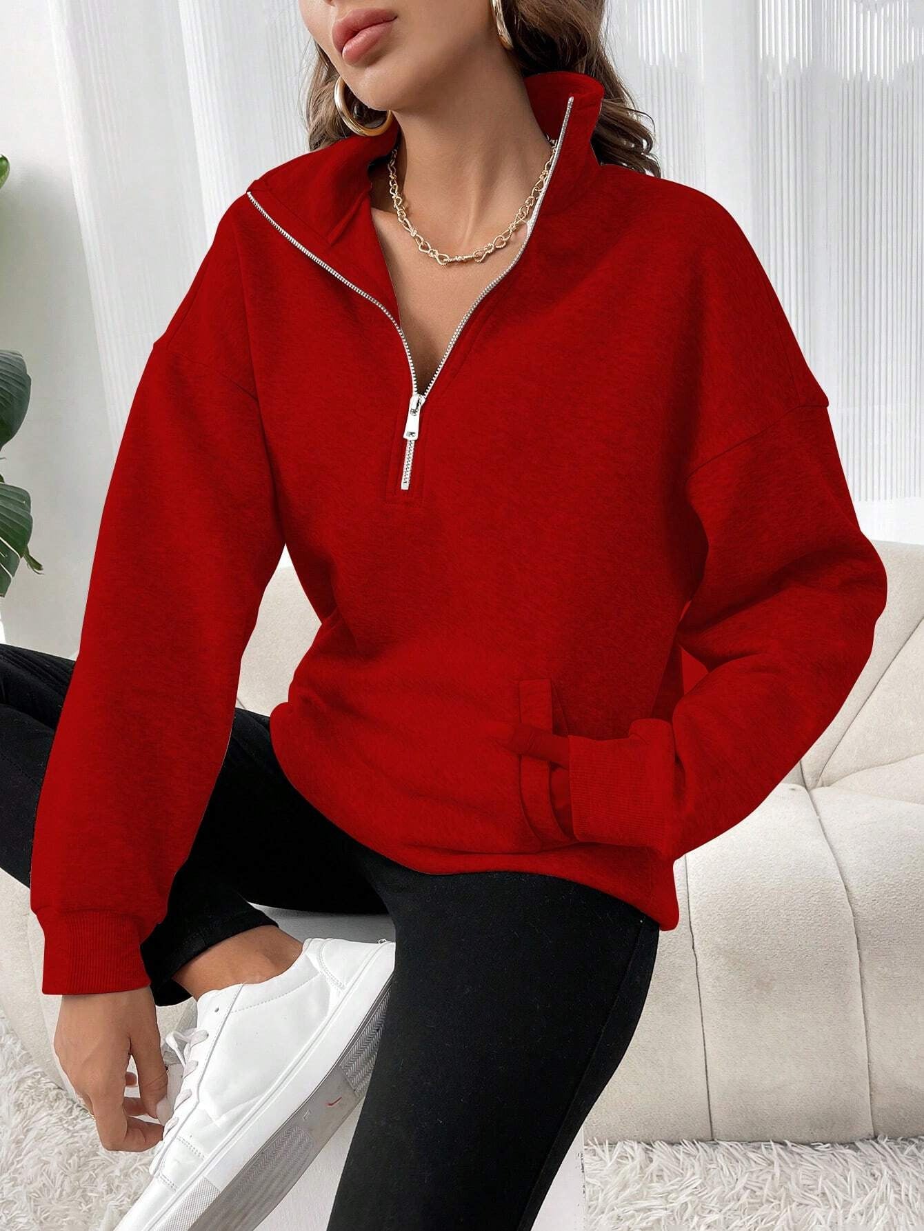 Autumn Winter Zipper Collared Solid Color Casual T Women Top Sweatshirt