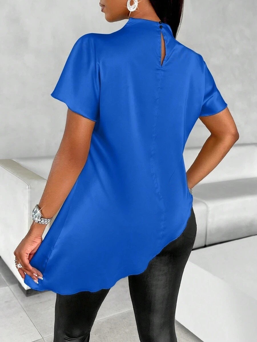 Satin Shirt Autumn Winter Batwing Sleeve Asymmetric Hem Shirt Top