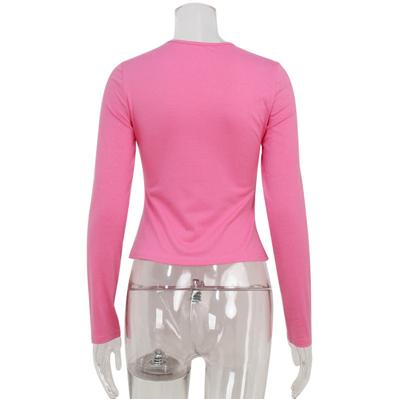 Spring Summer Pink Sweet Girl Girlish Tight Long Sleeve Cute Printed Sexy Sexy Top