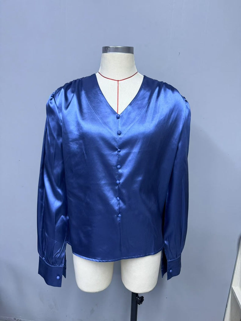 V neck Pullover Top Shirt Women Satin Office Top Women Clothing Direct