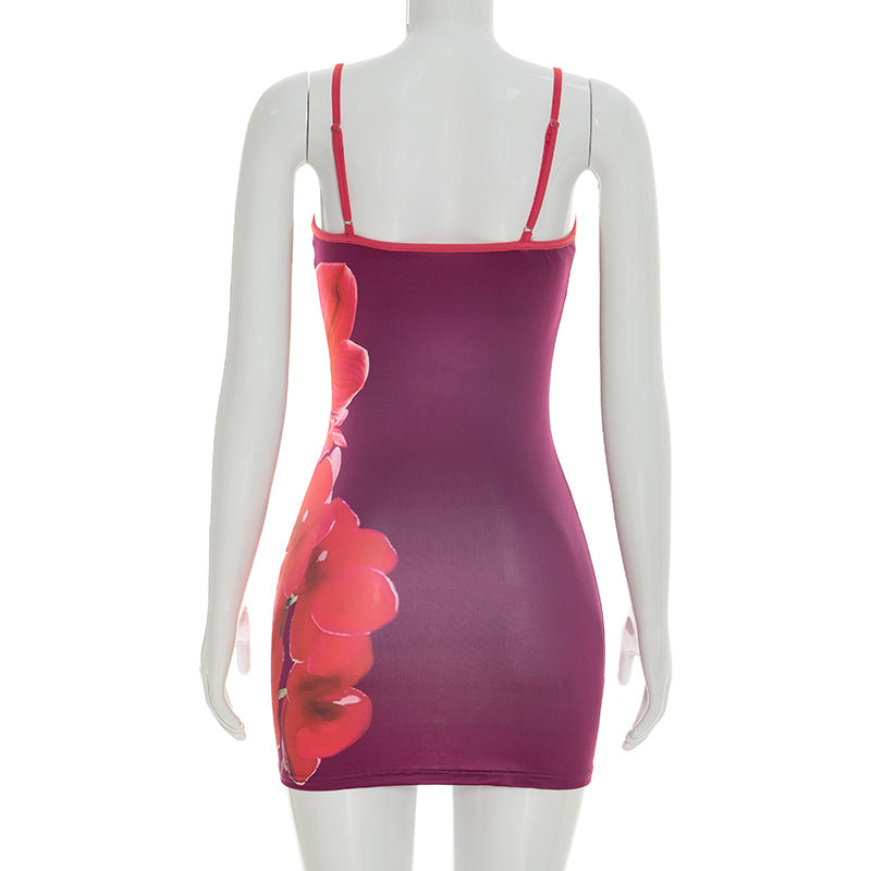 Women Clothing Summer Casual Floral Print Sling a Swing Sleeveless Slim Short Dress