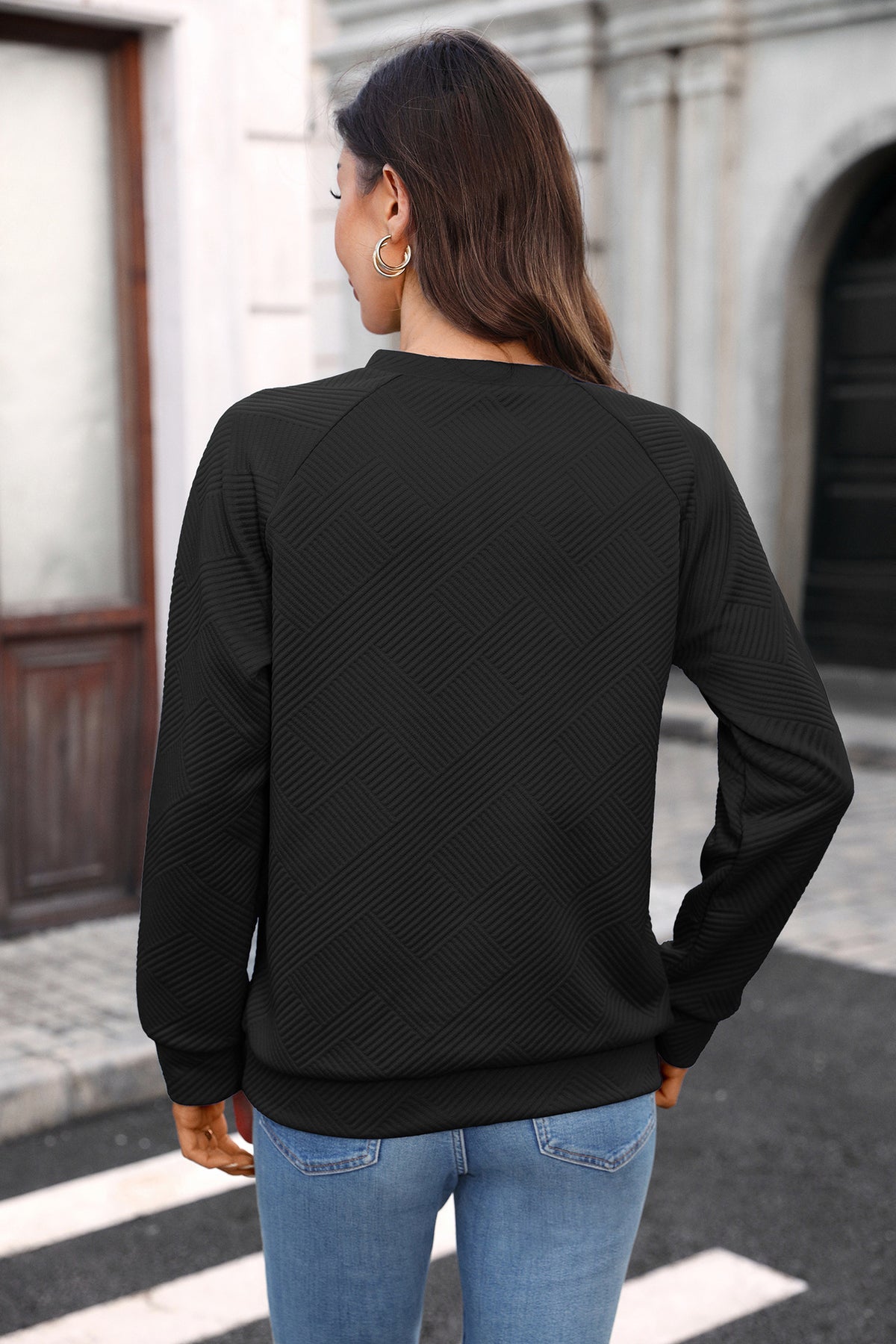 Autumn Winter Solid Color V neck Loose Long Sleeve Sweatershirt Plaid Top Women